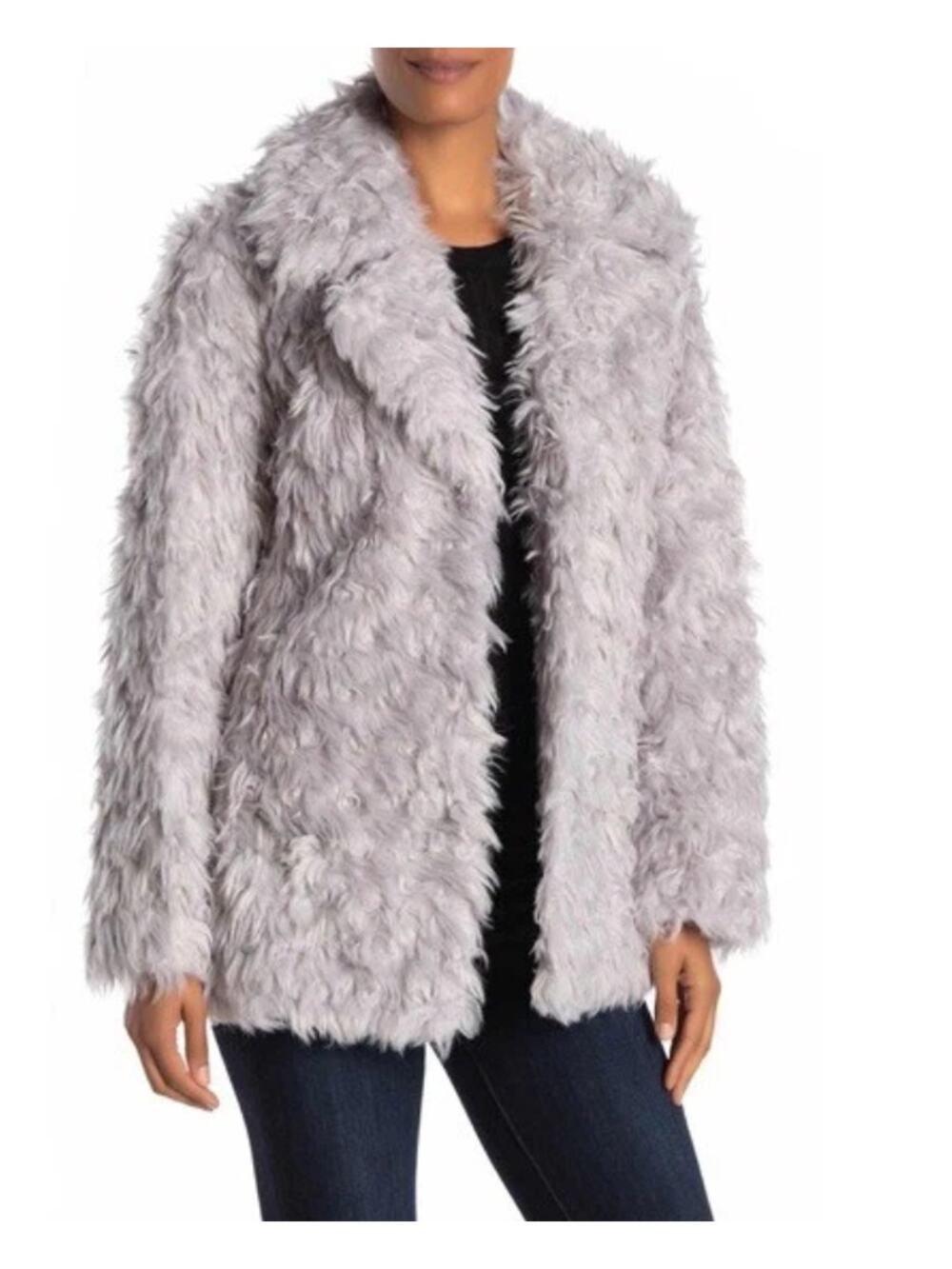 Avec Les Filles Notch Collar Curly Faux Fur Fuzzy Jacket Coat Silver Grey XS NWT